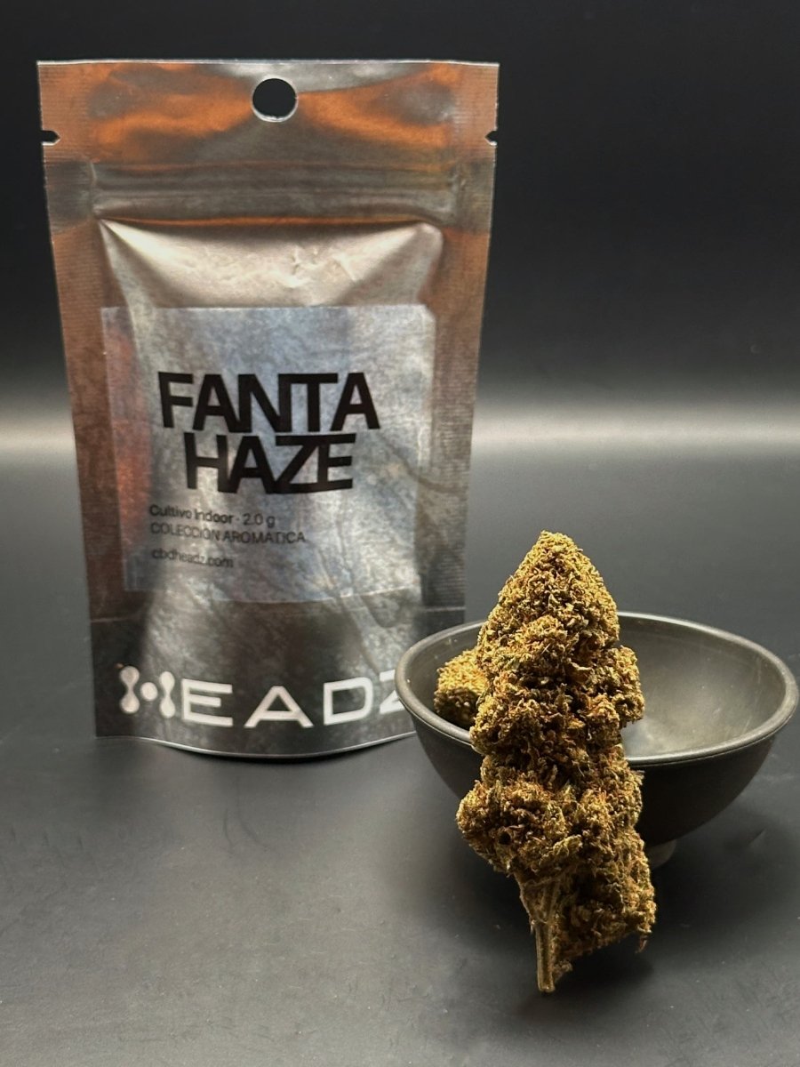Flor CBD Fanta Haze indoor junto a su bolsa HEADZ